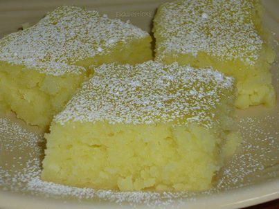 saw this on a friends FB, doesn't get much easier than this
Two Ingredient Lemon Bars......
 2 Ingredient Lemon Bars
 Oh yeah you read that right only Two simple ingredients to make these melt in your mouth ( middle of the pie) lemon squares!
 Yep this is like you cut your self a slice right out of the middle of the pie!
 This is all you need:
 1 box angel food cake mix( I use Betty Crocker)
 2 cans lemon pie filling 
I used two 21 oz cans of Comstock pie filling ( total of 42 oz)
 Mix dry cake mix and cans of pie filling together in large bowl.
 I just mixed it by hand...
 Pour into greased 9 x 13″ baking pan.
 Bake at 350 degrees for 25 minutes or until top is starting to brown.
 NOTE...Mine took the full 25 minutes to get done and did not brown on top at all :))
 Cool on wire rack and sprinkle with powered sugar. It has a melt in your mouth spongy texture.
 I have come across this recipe in a few different places so thanks to those who shared this yummy recipe!