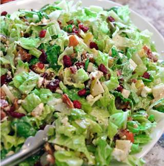 AUTUMN CHOPPED SALAD

Ingredients:
6 to 8 cups of Chopped Romaine Lettuce
2 medium pears, chopped
1 cup dried cranberries
1 cup chopped pecans
8 slices thick-cut bacon.  crisp and crumbled
4 to 6 oz feta cheese, crumbled
Poppy Seed Dressing
Balsamic Vinaigrette

On a large platter, combine lettuce, pears, cranberries, pecans, bacon and feta cheese.  Drizzle generously with poppy seed dressing, followed by some of the balsamic vinaigrette.

http://amandasgreatrecipes.blogspot.com/2012/05/autumn-chopped-salad.html