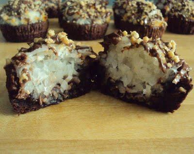 Almond Joy Brownie Bites

Ingredients:

1 box of family size Chocolate Fudge brownie mix
1 (14 oz.) can sweetened condensed milk
1 (14 oz.) bag coconut
1/4 C milk
1 C chocolate chips, melted
1/4 C almonds (or nuts), crushed

Directions:

Preheat oven to 350 degrees. Line (regular size, not mini) cupcake pan with paper liners. (Don't skip the paper liners as they make stick).

Make brownies according to package directions and pour batter only half way up the liners.

Bake in preheated oven for 12 minutes. While they are baking, mix the coconut, sweetened condensed milk and milk together.

Remove brownies from oven and spoon on some sweetened coconut.

Place bake in oven and continue to bake an additional 14-16 minutes.

Remove from oven and allow to cool completely before removing the paper liners. Drizzle on the chocolate then sprinkle on the almonds.


The PINing Hype