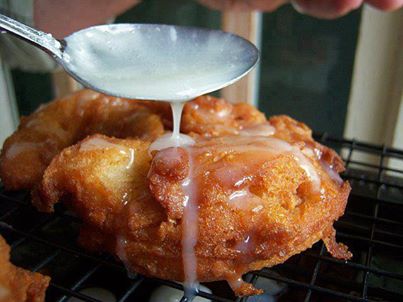 Apple Fritters

1 cup all purpose flour
1/4 cup sugar
3/4 teaspoon salt
1 1/2 teaspoons baking powder
1 teaspoon cinnamon
1/3 cup milk
1 egg
1 cup chopped apple

Glaze:
•2 cups powdered sugar
•1 1/2 tablespoons milk

Combine flour, sugar, salt, baking powder, cinnamon. Stir in milk and egg until just combined. Fold in apple. Pour oil into skillet so that it is approximately 1 1/2 deep. Heat oil on high. Oil is ready when a little dough thrown in floats to top. Carefully add dough to oil in heaping teaspoons. Cook until brown, about 2 minutes, then flip. Cook another 1-2 minutes, until both sides are browned. Transfer briefly to paper towels to absorb excess oil, then transfer to cooling rack. Make glaze by stirring milk and powdered sugar together in a small bowl. Drizzle over apple fritters. Wait approximately 3 minutes for glaze to harden, then flip fritters and drizzle glaze over the other side. Best served warm.
