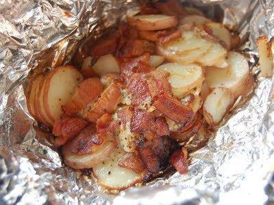 Bacon Ranch Foil Packet Potatoes
 
3 sheets of heavy-duty foil
 10-12 baby red potatoes, thinly sliced
 6 slices of cooked and crumbled bacon
 1 packet ranch dressing mix
 Salt and pepper to taste
 3 tablespoons butter
 Sour cream for serving, if desired
 
1. Spray each sheet of foil with cooking spray. Top each piece with equal portions of potatoes, bacon, and ranch dressing mix. Add salt and pepper to taste. Add 1 tablespoon of butter to each serving. Wrap securely.
 
2. Grill for 20 to 30 minutes. Let stand 10 minutes before serving. Serve in foil, topped with sour cream if desired.

Share this to your wall and you'll always know where to find it: www.facebook.com/BakeByKim
Also remember to "like" the page :)