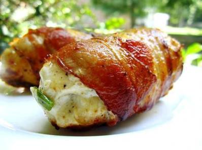 Bacon Wrapped, Cream Cheese Stuffed Chicken Breasts: SHARE SO THIS SAVES TO YOUR TIMELINE!!!

 1 boneless skinless chicken breast
 2 tablespoons cream cheese
1 tablespoon green onion, Chopped
 2 pieces bacon, Partially Cooked
 
Directions:
 
Pound out Chicken breast so it is about 1/4" thick.
 
Mix together cream cheese and green onions and spread cheese mixture over 1 side of chicken breast.
 
Roll CHicken breast up to conseal cream cheese.
 
Wrap partially cooked bacon around chicken breast and secure with toothpick.
 
Plase on baking sheet and back for about 30 minutes at 375.
 
Broil for about 5 minute to crisp bacon.
 
you can sub turkey bacon for the bacon, and a low fat cream cheese to make this healthier !!