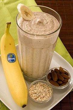 Banana Oatmeal Smoothie: 
2 whole Chiquita Bananas (best with brown flecks on peel) 
2 cups Ice 
1/3 cup Yogurt - preferably Greek yogurt flavored with honey 1/2 cup Cooked oatmeal 
1/3 cup Almonds YUM

Pour all ingredients in blender pouring ice in last. Blend on high for 30 seconds or until smoothie thickens.

chiquitabananas.com