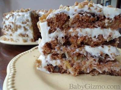 Best Carrot Cake Ever!

Ingredients:

◦2 cups all-purpose flour
◦2 teaspoons baking soda
◦1/2 teaspoon salt
◦2 teaspoons ground cinnamon
◦3 large eggs
◦2 cups sugar
◦3/4 cup vegetable oil
◦3/4 cup buttermilk
◦2 teaspoons vanilla extract
◦2 cups grated carrot
◦1 (8-ounce) can crushed pineapple, drained
◦1 (3 1/2-ounce) can flaked coconut
◦1 cup chopped walnuts

Preparation
1.  Line 3 (9-inch) round cake pans with wax paper; lightly grease and flour wax paper. Set pans aside.

2. Stir together flour, soda, salt and cinnamon. Set aside.

4. Beat eggs, sugar, oil, buttermilk and vanilla at medium speed with an electric mixer until smooth. Add flour mixture, beating at low speed until blended. Fold in carrot, coconut, pinapple and walnuts.

5. Pour batter into prepared cake pans.

6. Bake at 350° for 25 to 30 minutes or until a wooden pick inserted in center comes out clean. Drizzle Buttermilk Glaze (recipe below) evenly over layers (I only used about 2/3 of the prepared glaze which I thought was perfect!); cool in pans on wire racks 15 minutes. Remove from pans, and cool completely on wire racks.

7. Once the cake is cooled, slice each layer in half to give you a total of 4 layers.  More layers = more frosting = me happy! Note: I put the 2 cake layers in the freezer for 45 minutes to make slicing them in half easier.

8. Make the cream cheese frosting according the recipe below. You can use a canned frosting but it won’t hold a candle to this delicious homemade icing!

9. Spread Cream Cheese Frosting between layers and on top and sides of cake. I’m a BIG frosting person so I made 1 1/2 batches of the cream cheese frosting to make sure the cake was completely covered. I also sprinkled chopped walnuts in between each frosted layer to take it over the top.

Buttermilk Glaze

◦1 cup sugar
◦1 1/2 teaspoons baking soda
◦1/2 cup buttermilk
◦1/2 cup butter or margarine
◦1 tablespoon light corn syrup
◦1 teaspoon vanilla extract
Glaze Preparation
1.Bring first 5 ingredients to a boil in a large Dutch oven over medium-high heat. Boil, stirring often, 4 minutes. Remove from heat, and stir in vanilla.
Cream Cheese Frosting

◦3/4 cup butter or margarine, softened
◦1 (8-ounce) package cream cheese, softened
◦1 (3-ounce) package cream cheese, softened
◦3 cups sifted powdered sugar
◦1 1/2 teaspoons vanilla extract
Frosting Preparation

1.Beat butter and cream cheese at medium speed with an electric mixer until creamy. Add powdered sugar and vanilla; beat until smooth.

Recipe adapted from Southern Living October 1997

http://blog.babygizmo.com/2012/04/best-carrot-cake-ever/