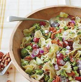 Broccoli, Grape, and Pasta Salad

1 cup chopped pecans
1/2 (16-oz.) package farfalle (bow-tie) pasta
1 pound fresh broccoli 
1 cup mayonnaise 
1/3 cup sugar 
1/3 cup diced red onion
1/3 cup red wine vinegar
1 teaspoon salt
2 cups seedless red grapes, halved 
8 cooked bacon slices, crumbled 

1. Preheat oven to 350°. Bake pecans in a single layer in a shallow pan 5 to 7 minutes or until lightly toasted and fragrant, stirring halfway through.

2. Prepare pasta according to package directions.

3. Meanwhile, cut broccoli florets from stems, and separate florets into small pieces using tip of a paring knife. Peel away tough outer layer of stems, and finely chop stems.

4. Whisk together mayonnaise and next 4 ingredients in a large bowl; add broccoli, hot cooked pasta, and grapes, and stir to coat. Cover and chill 3 hours. Stir bacon and pecans into salad just before serving.

Southern Living
SEPTEMBER 2011

http://www.myrecipes.com/recipe/broccoli-grape-pasta-salad-50400000115388/
