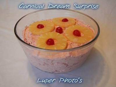 Please SHARE this so you can have the Recipe SAVED on your timeline!

<3 CARNIVAL DREAM SURPRISE <3 

Ingredients:
1 can Cherry Pie Filling
1 can Strawberry Pie Filling
1 can 20oz. - Crushed Pineapple-drained well
2 tubs - 12oz. Cool Whip
1 can Eagle Brand Milk
2 cups miniature marshmallows (optional)
1 small can sliced Pineapple
Maraschino Cherries
1 cups chopped pecans

Instructions:
Mix together cherry pie filling, strawberry pie filling, drained crushed pineapple, eagle brand milk, chopped pecans, marshmallows and cool whip. Put in a big bowl then put 4 slices of pineapple on top then put the maraschino cherries in the middle. Chill and serve! This is a Very Rich Delicious Dessert! Enjoy!

No, this is NOT a low calorie dessert. It would make a great dish to take with you to a party or to have on a special occasion. (or Memorial Day weekend!)


Join us here for more every day fun, tips, recipes, weight loss support & motivation>>> http://bit.ly/Motivate-Me

<3 Also feel free to send me a FRIEND REQUEST. I am always posting awesome stuff! <3