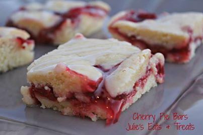 CHERRY PIE BARS
http://www.julieseatsandtreats.com/2012/12/cherry-pie-bars/

Ingredients
•1 c. butter, softened 
•2 c. sugar 
•4 eggs 
•1 tsp vanilla extract 
•1/4 tsp almond extract 
•3 c. flour 
•1 tsp salt 
•2 cans (21 ounce) cherry pie filling 

Glaze 
•1 c. powdered sugar 
•1/2 tsp vanilla extract 
•1/2 tsp almond extract 
•2 Tbsp milk

Instructions
1.Cream butter and sugar together. Add eggs, beating after each addition. Mix in extracts. Add flour and salt. Mix until well combined. 
2.Spread 3 cups of the batter in a greased jelly roll pan. Spread pie filling on top of dough. Drop remaining dough by tablespoonfuls on top of cherry pie topping. 
3.Baked at 350 degrees for 45-60 minutes or until toothpick comes out clean. Cool. 
4.Combine glaze ingredients and drizzle over bars. If serving the next day wait and do this before serving or the bars will be a bit soggy! 






 

Recipe from: The Recipe Critic