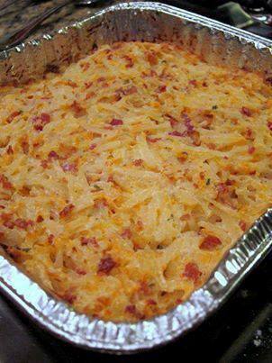 CRACK POTATOES!!! ***Warning, Highly Addictive***
 2 (16oz) containers sour cream
 2 cups cheddar cheese, shredded
 2 (3oz) bags real bacon bits (I use Real BACON!...!!)
 2 packages Ranch Dip mix
 1 large bag frozen hash brown potatoes


 Combine first 4 ingredients, mix in hash browns. Spread into a 9x13 pan. Bake at 400 for 45-60 minutes.
 *I divided the potatoes into 3 small 7x7 disposable foil pans and froze them. I wrapped them with plastic wrap
 and then foil.
 By: High Protein Foods