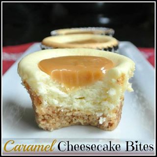 Caramel Cheesecake Bites
 19 ounces cream cheese
 3 eggs
 1/4 cup sugar
 1 tsp vanilla
 caramel:
 1/2 cup granulated sugar 
 2 tablespoons water 
 1 tablespoon butter
 1/2 cup evaporated milk 
 crust:
 1 cup almond meal
 1/2 cup slivered almonds
 1/4 cup sugar
 1/4 teaspoon fine Sea Salt
 1/4 teaspoon ground Cinnamon
 1/4 teaspoon Baking Soda
 1/4 cup melted butter

 Pre-heat the oven to 350 degrees F.
 Crush your slivered almonds. 
 In a mixing bowl whisk together the almond flour, almonds, baking soda, salt and cinnamon. Add the butter and combine with a spoon.
 Line a muffin tin with liners. Push the almond mixture into the bottom of the liners. 
 Bake for 10 minutes to set. 
 Turn oven down to 300°.
 In a mixing bowl, add cream cheese, vanilla, sugar and eggs. Beat until light and fluffy. 
 Spoon mixture into the muffin tins with prepared almond crust. 

 Bake for 40 minutes. 
 While cakes are cooking, start on the caramel.
 Combine granulated sugar and 2 tablespoons water in a medium, heavy saucepan over medium-high heat; cook until sugar dissolves, stirring gently for 3 minutes. 

 Stop stirring and continue cooking 10 minutes or until the color of light brown sugar. Remove from heat; carefully stir in butter and milk. Place pan over medium-high heat until caramelized sugar melts. Bring to a boil; cook 1 minute. 

 Remove pan from heat; cool caramel to room temperature. Cover and chill 1 hour or until slightly thickened. 
 Take cheesecakes out of the oven when they are done. Once cool, the middle will slightly fall and this is the perfect indent for the caramel.

 Spoon about 1 tablespoon caramel over each cheesecake.