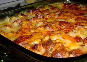 ☆.•♥•Cheesy Smoked Sausage & Potato Casserole Recipe!•♥•☆

Ingredients

3 cups idaho potatoes, peeled, boiled and cut into cubes when cool, approx. 1 lb
4 tablespoons butter
4 tablespoons flour
2 cups milk
1/2 teaspoon salt
1/4 teaspoon pepper
1/2 lb Velveeta cheese, diced
1/2 cup sharp cheddar cheese, shredded
1 lb skinless smoked sausage (Eckrich is my favorite brand)
1/8 teaspoon paprika
Directions:

1
Cut skinless smoked sausage in half, lengthwise, and then chop into 1/2 inch "half moon" cuts. Cook in a frying pan for about 15 minutes, turning frequently to SLIGHTLY brown.
2
Meanwhile, put cooked & diced potatoes in 2 quart casserole. Add cooked meat and give it a gentle toss.
3
Mix all remaining ingredients (except for shredded cheddar cheese & the paprika) in a saucepan over medium heat until warm, melted and smooth. (Use a whisk and stir constantly.).
4
Pour white/cheese sauce over potatoes and meat. Sprinkle shredded sharp cheddar cheese on top, and then sprinkle paprika evenly over the top.
5
Bake in preheated 350°F oven for 35-45 minutes (watch, until golden brown on top).
6
NOTE: You can substitute: 1/2 lb. hot dogs, sliced into 1/2-inch slices OR 1/2 lb. ham diced into 1/2-inch dices OR 12 oz. can of Spam diced into 1/2-inch dices, instead of the smoked sausage.