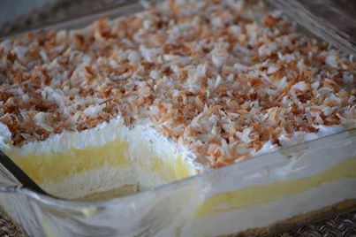 Coconut Cream Pie - Yummy...(Share this with yourself & your friends - make sure to keep up with this recipe...)
For the Crust:
1 cup flour
1/2 cup butter, melted
2 Tbs sugar
1/2 cup chopped pecans - optional

Mix and pat in an 8x8 inch pan, bake at 350 degrees for 15-20 minutes, until just beginning to turn golden. Do not over bake.

Layer two:
8 ounces cream cheese, room temperature
1 cup powdered sugar
1 cup whipped topping

Beat together sugar and cream cheese. Fold in whipped topping. Spread on cooled crust.

Layer three:
1 small package coconut cream instant pudding
1 1/2 cups whole milk (any milk will do, but whole milk makes pudding so much tastier)

Mix until thickened. Spread over cream cheese mixture.
Top with remaining tub of whipped topping.
Toast 1 cup coconut. Sprinkle evenly on dessert. Refrigerate.