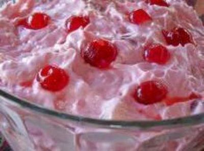 Cotton Candy Salad
http://gardengalbevy.com/category/dessert/

Ingredients

1 can eagle brand milk
2 cups crushed pineapple, drained well
1 can strawberry pie filling
1 can cherry pie filling
12 oz. tub cool whip
3/4 cup pecans, chopped

Fold all ingredients together. Chill and serve.