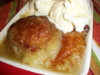 Country Apple Dumplings
 2 Lg. Granny Smith Apples~ peeled, sliced
 2 (10oz.) Cans Crescent Roll's
 1 Stick Butter~ melted
 1 1/2 C. Sugar 
1 tsp. Cinnamon
 1 (12oz.) Can Mountain Dew Soda
 Preheat oven to 350

 Mix together the sugar, melted butter
 and cinnamon. this will make a thick sugar "paste".
 Separate the crescent rolls, spread the sugar
 onto each triangle, along with 2-3 slices
 Apple.
 Roll each apple up starting with the
 smallest end. Pinch end's to seal.
 After all the crescent's have been filled
 and rolled, place them in a baking dish
 seam side down. Sprinkle the remaining sugar
 over top on the rolls.
 Next you will pour the can of
 soda over the top.
 Place into the oven to bake for 38-45 minutes.
 I recommend serving them right out of the oven,
 along side a big scoop of Vanilla Ice Cream.