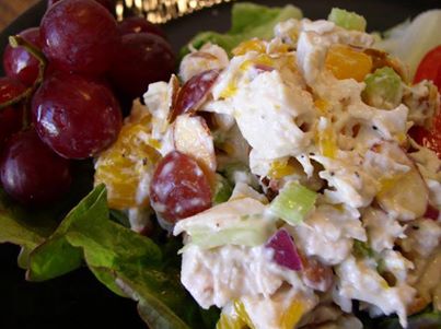 TODAY'S NOLA RECIPE!!!

Court of Two Sisters Chicken Salad!!!

Ingredients:
- 3  cups  cooked chicken, diced   
- 1  cup celery, thinly sliced   
- 1/2 cup onion, minced   
- 1  teaspoon salt   
- 2  tablespoons lemon juice   
- 1  cup seedless grapes, sliced   
- 1/4 cup mayonnaise   
- 1 (11 ounce) can mandarin oranges, drained   
- 1/2 cup  toasted almond   
- romaine lettuce or boston lettuce 
 
Directions:

1
In a large salad bowl blend together chicken, celery, onions, salt, lemon juice, and grapes. Refrigerate 4 hours or overnight.


2
Just prior to serving add mayonnaise, oranges, and almonds, tossing gently to avoid breaking the oranges.


3
Serve on leaves of Romaine or Boston lettuce or scoop generously into a avocado half.


4
Serves 4 large portions or 8 smaller ones.