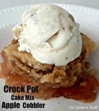 ☆.•♥•Crockpot Apple Cobbler Cake Recipe!•♥•☆

Ingredients:

1Yellow Cake Mix- dry
20 oz can of Apple Pie Filling
6 Tablespoons of butter, melted

Directions:

Dump your can of Apple Pie Filling into the bottom of your slow cooker. 
Spread your DRY yellow cake mix over the apple pie filling. 
Then spoon your butter onto the cake mix - DON'T mix the cake mix and butter around. The moisture will make it cook. 
Cook on High for 4 hours in your slow cooker.

I took it out right after it was done cooking and put ice cream on top. . . it was SO good!