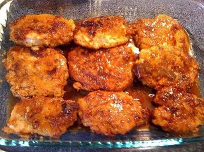 Crunchy honey garlic pork chops:
Or you can use chicken

http://sweetteaandcornbread.blogspot.com/2012/08/crunchy-honey-garlic-pork-chops.html

Ingredients:
6-9 pork chops (not too thick, you can use boneless pork loin)
2 eggs
4 Tbs water
2 cups flour
1 tsp. salt
1 tsp. black pepper
1 tsp. garlic powder
Canola or vegetable oil for frying chops

Glaze:
1 1/2 cups honey
1/2 cup brown sugar (I added this)
1/2 tsp. ginger
dash of cayenne pepper (to your taste)
1/2 cup soy sauce
1 Tbs chopped garlic
2 Tbs butter

Whisk the eggs and 4 Tbs. water together in a dish.

Mix the flour, salt, pepper, and garlic powder in another  dish.
Coat the chops in the flour, then over into the egg.

Then back over into the flour mixture once again. This is what puts the extra crispy coating on the chops. Be sure to get plenty of flour on in this last coating, then shake them a little and place in a pan with about a half inch of oil. 
Be sure the oil is hot, but not too hot or the chops will cook too fast. You need to get it good and hot and then turn to about medium.

Cook for about 6 minutes on each side. Try not to turn more than twice or your breading will come off.
Remove from the pan to a 9"x13" baking dish.

Saute the garlic a little in the butter.

Add the honey, soy sauce, brown sugar, cayenne, and ginger. Bring to a boil then reduce to low and simmer for about 5 minutes. Watch this carefully because it will foam and might boil over.

Pour 1/2 of the glaze over the pork chops. Flip them over and pour the other 1/2 over the other side. Place uncovered in a preheated 350 degree oven for about 20-25 minutes. This sets the glaze and finishes them to be sure they are cooked through.

Share this to your wall so others can enjoy it: www.facebook.com/BakeByKim
Also remember to "like" the page :)