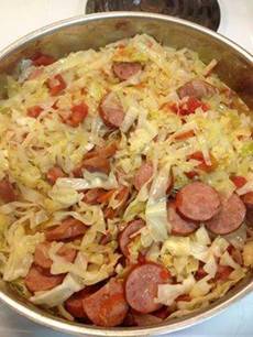 FRIED CABBAGE WITH SAUSAGE (great for low carbers)
This is a quick and easy dish.
1 stick butter or margarine
1 small head of cabbage, chopped
1 small onion, chopped
1 pound smoked sausage, sliced into round pieces (I use turkey)
1 (15 ounce) can diced tomatoes or rotel tomatoes
1/2 teaspoon salt
1/2 teaspoon pepper
Melt butter in large skillet. Add cabbage, onion, and cook on medium high for about 5 minutes stirring to keep from sticking to pan. Add remaining ingredients, cover and simmer for 20 – 25 minutes.
Makes about 8 servings. Only 4 g net carbs per serving.

Don't forget to SHARE or TAG yourself if you see something that you like so that it saves to your timeline!