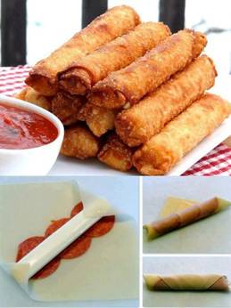 FRIED MOZZARELLA PEPPERONI EGG ROLLS!!! ( Thank You  Todd )
12 pieces of string cheese
12 egg roll wrappers
36 slices of pepperoni
Oil for deep-frying
Marinara or pizza sauce

On top of an egg roll wrapper, place three pieces of pepperoni as shown in the picture. Place a piece of string cheese on top. Fold corners over cheese. Fold bottom corner over cheese and pepperoni and keep rolling until cheese is tightly sealed. Moisten corners with water to seal. Repeat with the rest of wrappers, cheese and pepperoni.

In a skillet, heat oil to 375 degrees F. Fry sticks, a few at a time, for 30-60 seconds on each side until completely brown. Drain on paper towels. Serve with sauce.
—https://www.facebook.com/photo.php?fbid=492603564121616&set=a.224527730929202.54048.224049244310384&type=3&theater