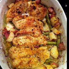 THIS IS SOOOO GOOD!  I JUST WANTED TO REPOST IT FOR THOSE WHO MAY HAVE MISSED IT THE FIRST TIME!! -SO YUMMY!

GARLIC & LEMON CHICKEN W/GREEN BEANS & RED POTATOES!

(Please SHARE so that it saves to your timeline. You can refer back to recipe later!).
For more great tips, recipes &/or weight loss motivation, join us at: SkinnyTown USA

INGREDIENTS
 6 tablespoons olive oil
 2 lemons, 1 thinly sliced, 1 juiced
 4 cloves garlic, minced
 1 teaspoon kosher salt
 1/2 teaspoon freshly ground black pepper
 3/4 pound trimmed green beans
 8 small red potatoes, quartered
 4 chicken breasts (bones left in, with skin, about 3 1/4 pounds)

DIRECTIONS
Preheat oven to 400°F. Coat a large baking dish or cast-iron skillet with 1 tablespoon of the olive oil. Arrange the lemon slices in a single layer in the bottom of the dish or skillet.

In a large bowl, combine the remaining oil, lemon juice, garlic, salt, and pepper; add the green beans and toss to coat. Using a slotted spoon or tongs, remove the green beans and arrange them on top of the lemon slices. Add the potatoes to the same olive-oil mixture and toss to coat. Using a slotted spoon or tongs, arrange the potatoes along the inside edge of the dish or skillet on top of the green beans. Place the chicken in the same bowl with the olive-oil mixture and coat thoroughly. Place the chicken, skin-side up, in the dish or skillet. Pour any of the remaining olive-oil mixture over the chicken.
 Roast for 50 minutes. Remove the chicken from the dish or skillet. Place the beans and potatoes back in oven for 10 minutes more or until the potatoes are tender. Place a chicken breast on each of 4 serving plates; divide the green beans and potatoes equally. Serve warm.