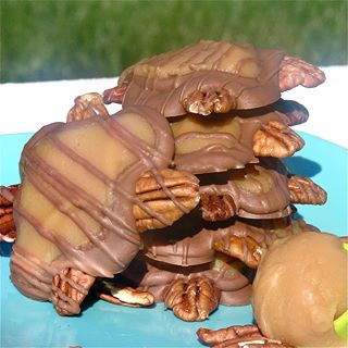Homemade Turtles!! Need I say more? ~ Moon :-)

Soft creamy caramel tops chocolate and pecans– a quick and easy treat.

http://easybaked.net/2011/07/04/homemade-caramel-turtles/

INGREDIENTS:
•	about 2 cups of whole pecans.
•	12oz (one bag) of Wilton Dark Candy Cocoa Melts
•	32 Kraft caramels (unwrapped)
•	1/2c. butter
•	1 (14oz.) can of sweetened condensed milk

Directions:
•	Line pecans  up in squares on parchment paper
•	Melt candy melts in microwave in 30 second increments, stirring in between until smooth.
•	Spoon chocolate over pecans, filling in the center space and spilling it over about half of each pecan.
•	While this hardens, make caramel sauce (this recipe makes more caramel than you need, but you can refrigerate the rest and use as an ice cream topping later…or you can cut this part of the recipe in half- you will just have 1/2 a can of sweetened condensed milk left…?)
•	Melt unwrapped caramels, butter and sweetened condensed milk over the stove until smooth.
•	Spoon caramel into the center of each turtle (try to keep as much as you can on the chocolate- it will harden some, but it is a soft caramel)
•	Allow these to harden (refrigerate if necessary) and ENJOY!!!!!