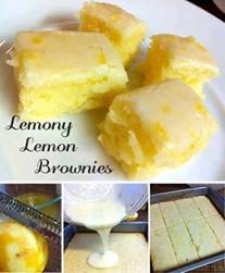 Anita Compton
Lemony Lemon Brownies

Ingredients:
1/2 cup unsalted butter, softened
3/4 cup flour
2 eggs, large
2 tbsps lemon zest
2 tbsps lemon juice
3/4 cup granulated sugar
1/4 teaspoon sea salt

For the tart lemon glaze:
4 tbsps lemon juice
8 tsps lemon zest
1 cup icing sugar

Directions:
1. Preheat the oven to 350 degrees.
2. Grease an 8×8 inch baking dish with butter and set aside.
3. Zest and juice two lemons and set aside.
4. In the bowl of an electric mixture fitted with the paddle attachment, beat the flour, sugar, salt, and softened butter until combined.
5. In a separate bowl, whisk together the eggs, lemon zest, and lemon juice until combined.
6. Pour it into the flour mixture and beat for 2 mins at medium speed until smooth and creamy.
7. Pour into baking dish and bake for 23-25 mins, should turn golden around the edges.
8. Allow to cool completely before glazing. Do not overbake, or the bars will dry.
9. Filter the powdered sugar and whisk with lemon zest and juice.
10. Spread the glaze over the brownies with a rubber spatula and let glaze set.
11. Cut into bars and serve.