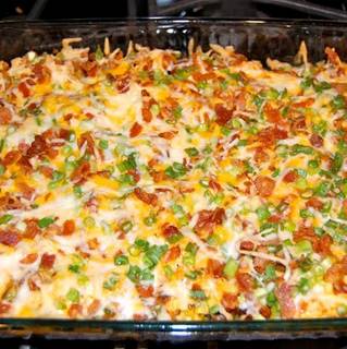 Loaded Baked Potato & Chicken Casserole YUMMO a personal fav ♥Ingredients:

    2 lbs boneless skinless chicken breasts, cut into 1/2-inch cubes
    8 -10 medium potatoes, cut into 1/2-inch cubes (I leave the skin on)
    1/3 cup olive oil
    1 1/2 teaspoons salt
    1 tablespoon fresh ground pepper
    1 tablespoon paprika
    2 tablespoons garlic powder
    6 tablespoons hot sauce

Topping

    2 cups fiesta Mexican blend cheese or 2 cups monterey jack and cheddar cheese blend
    1 cup crumbled cooked bacon
    1 cup diced green onion

Directions

Preheat oven to 500F (This is NOT a typo, 500F is correct!) .

In a large bowl mix together the olive oil, hot sauce, salt, pepper, garlic powder & paprika.

Add the cube potatoes and stir to coat.

Add the potatoes to a greased baking dish.

When scooping the potatoes into the baking dish, leave behind any extra olive oil/hot sauce mix.

Add the diced chicken to the “left behind” olive oil/hot sauce mix and stir to coat all the chicken. Allow to marinate as the potatoes bake.

Roast the potatoes for 45-50 minutes, stirring every 10-15 minutes, until cooked through and nice and crispy on the outside.

Once the potatoes are fully cooked add the marinated chicken.

Once the potatoes are fully cooked, remove from the oven and lower the oven temperature to 400°F.

In a large bowl mix all the topping ingredients together.

Top the raw chicken with the topping.

Bake 15 minutes or until until the chicken is cooked through and the topping is melted and bubbly delicious.

Serve with extra hot sauce and/or ranch dressing.
http://www.quickneasyrecipes.net/loaded-baked-potato-chicken-casserole/