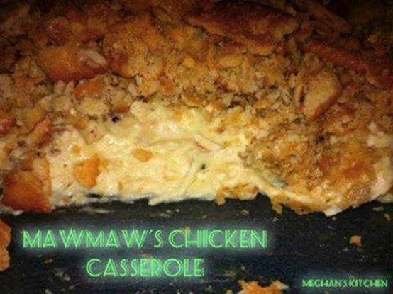 MAWMAW'S CHICKEN CASSEROLE

Super easy to make!!!

Ingredients
3 cooked and shredded chicken breasts
1 can of Cream of Mushroom (or your choice) soup
1 (8 oz) tub of sour cream
2 sleeves of Ritz Crackers (crunched up)
1 stick of butter (melted)

Directions
Preheat oven to 350 degrees.
Mix in the cream of mushroom soup, and sour cream into the shredded chicken and spread mixture into a 9x13 inch
pan.
Spread the crunched up Ritz crackers all over the the top of the chicken mixture. Drizzle the melted butter over the top.
Bake at 350 degrees for 15 to 25 minutes until heated through and crackers are slightly browned.
Enjoy! So simple and so delicious!

♫ Follow me for daily fun! ♫
　---> https://www.facebook.com/vbrearley