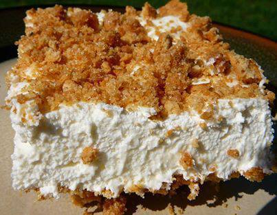 Marshmallow Whip Cheesecake HEAVEN!! 

Graham Cracker Crust:
•40 squares of graham crackers (crushed)
•1/2 cup sugar
•1/2 cup butter or margarine (melted)

1.Mix above ingredients. Press into top and sides of 9 x 13' greased pan. Reserve 1/2 cup for top.

Filling:
•10 1/2 oz. large marshmallows (40 marshmallows)
•3/4 cup milk
•2 - 8-oz. packages of cream cheese
•12-oz. Container of fat-free Cool Whip

1.Melt marshmallows and milk over low heat. Beat cream cheese; add marshmallow mixture. Cool. Fold in Cool Whip. Spread into crust and sprinkle with remaining graham cracker crust. Refrigerate until set.

Be sure to SHARE this to save it to your timeline