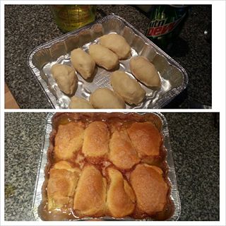 Made these two days in a row - they disappear so fast!

Mt. Dew Apple Dumplings
1 Granny Smith apple; peeled & cored
1 can crescent rolls
6oz Mt Dew
1 stick butter
1/2 C sugar
1 tsp cinnamon

1. Butter, grease, or spray bottom of 9x9 inch pan

2. Cut peeled apples into 8 wedges

3. Roll 1 apple wedge in 1 triangle of crescent roll starting at the pointy tip. Pinch all sides closed to make a "pillow". Repeat with all 8 pieces. Place in baking pan.

4. In microwave or stovetop lightly melt butter & add cinnamon & sugar. The consistency SHOULD BE GRAINY.

5. Pour butter/sugar/cinnamon on top of and all around rolls

6. Pour Mt Dew over rolls

7. Bake at 350 for 30 minutes or until golden brown. Enjoy!

Can be served w ice cream, whipped cream, or alone. Also good with Ginger Ale!