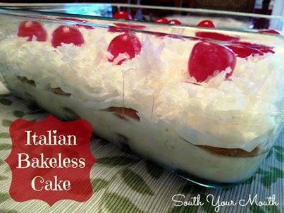 NO BAKE Italian Cake

1 14-oz. can sweetened condensed milk
1/4 cup fresh lemon juice
1 small can crushed pineapple, undrained
40-50 vanilla wafers
1 8-oz. carton cool whip, thawed
2 cups sweetened, flaked coconut
12-16 maraschino cherries, rinsed

Whisk together sweetened condensed milk and lemon juice in a small bowl until thoroughly combined. Mix in pineapple with juice and set aside.

Line the bottom of a small glass baking dish (8x8 or 7x10) with vanilla wafers. Pour all of the pineapple mixture over vanilla wafers then add another layer of vanilla wafers on top of pineapple mixture. Spread cool whip evenly on top of vanilla wafers then sprinkle with coconut. Top with cherries then cover and refrigerate at least 8 hours before serving.