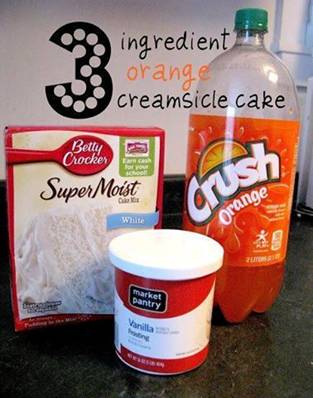 **Orange Creamsicle Cake**
{ONLY 3 INGREDIENTS!}

1 Box White Cake Mix
12 oz. Orange Soda
1 Tub Vanilla Icing

Whisk together cake mix and orange soda until batter is peachy in color and has few lumps. 
IMPORTANT: Use just the cake mix powder!!! Do not add the ingredients that the box calls for.

Then pour batter into a greased pan {I used a 9x13 pan}.
Bake according to cake mix box.
However, I did discover that my cake was thoroughly baked 5 minutes sooner than the recommended time from the box, so be sure to check on it a few minutes early.

Allow to cool. Frost with vanilla {or cream cheese} icing.
http://bit.ly/12SaQaN
