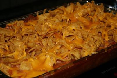 Oven-Baked Frito Pie - this is so good

Ingredients:
1 lb. lean ground beef
1 can (16 oz) chili beans
1 can (8 oz) tomato sauce
1 can (15 oz) diced tomatoes
1 envelope low sodium taco seasoning
1 cup shredded cheddar cheese (2% fat kind)
3 1/2 cups corn chips (Fritos)
1 1/4 cup fat free sour cream

Directions:
Cook ground beef until meat is browned; drain. Stir in beans, tomato sauce, diced tomatoes, taco seasoning mix and 1/4 c. of cheese. Sprinkle 1 cup corn chips in bottom of 8x8 baking dish. Cover with chili. Bake at 350 for 20 minutes. Spread sour cream over chili. Top with remaining corn chips and cheese. Bake 4-5 minutes longer.