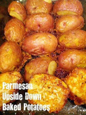 Are you ready for delicious? Look at these!!! 

 Parmesan Upside Down Baked Potatoes (Kristen)

 Ingredients:
 7 red potatoes, washed and cut in half
 2-3 tablespoons butter
 6 tablespoons shredded parmesan cheese
 garlic powder
 sea salt
 freshly cracked pepper

 1). Preheat oven to 400F. Melt butter in the bottom of a 9×13 glass pan.

 2). Sprinkle parmesan cheese and seasonings over butter. Place potatoes cut side down and sprinkle more seasonings on top of potatoes.

 3). Bake for 40-45 minutes or until cooked through. Allow to cool in the pan for 5 minutes before serving.
CLICK SHARE TO SAVE TO YOUR TIMELINE   Like ✔ “Share” ✔ Tag ✔ Comment ✔ Repost ✔Follow me Join my weight loss group -click here and send me a friend request==http://www.facebook.com/groups/shreddingwithtammy/