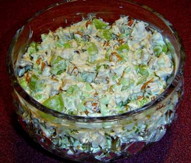 Pecan Chicken Salad~YUM

4 cups chicken breast chopped or 2-15oz. cans
1 1/2 cups sliced seedless grapes (red or white)
3/4 cup chopped celery (this is a little too much for me, I'd reduce to 1/2 cup or less)
1 Tbs sugar
1 Tbs Worcestershire sauce
1 Tbs lemon juice
3/4 cup pecans
1 cup mayonnaise

Mix all ingredients and stir together, enjoy!