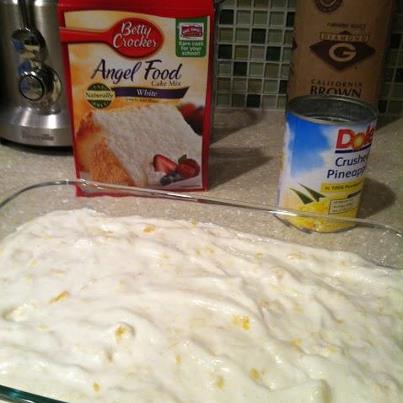 Photo: Making this today...so simple and looks so yummy!

Box of Angel Food Cake mix (just the contents of the box, no need to follow the directions on the box), and combine it with a 20 ounce can of crushed pineapple in its own juice. (No need to use a mixer, just stir it by hand) When you do this, something magical happens. The mixture starts to froth and it turns into an amazingly airy, fluffy bowl of deliciousness right before your eyes. Once it's all mixed up, simply pour it into a 9 x 13 pan and bake it at 350 for 30min.

via excellent-eats.com