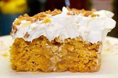 Pumpkin Better Than Sex Cake

•1 box yellow cake mix
•1 – 15 oz. can pumpkin puree (not pumpkin pie mix)
•1 – 14 oz. can sweetened condensed milk (fat free is ok)
•1 – 8 oz. tub cool whip (lite is ok)
•½ bag Heath Bits
•Caramel Sundae Sauce

 Instructions
 1.In a large bowl, mix together the cake mix and pumpkin puree until a smooth batter forms.
 2.Pour batter into a greased 9×13 baking dish, and bake at 350º, according to the directions on the cake mix box (approx 23-28 mins).
 3.Remove cake from oven and let cool for about 10 minutes after baking.
 4.Using the end of a wooden spoon to poke holes all over the top of the cake.
 5.Pour the sweetened condensed milk over the cake. This should fill in the holes and soak into the cake.
 6.Refrigerate for 30 minutes.
 7.Remove cake from refrigerator and spread cool whip over top of cake. Sprinkle on the heath bits, and drizzle caramel over top. (I didn’t think the cake needed a lot of caramel at this point so I only used about ¼ of the jar. I thinned it out first by heating it in the microwave.)
 8.Refrigerate for 3-4 hours, or overnight

@[417104438386610:274:BeYOUtiful] - for more recipes, tips and ideas
<3