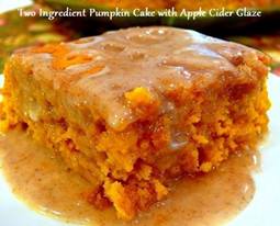 Two Ingredient Pumpkin Cake with Apple Cider Glaze 
http://noblepig.com/2008/11/the-pilgrims-would-approve/

For the Cake: 
1 Yellow Cake Mix
1 15 ounce can of pumpkin puree

For the Glaze: 
1-1/2 cups powdered sugar
3 Tablespoons apple cider
3/4 teaspoon pumpkin pie spice

Empty the contents of the boxed cake mix and pumpkin puree into a large bowl. Using a hand-mixer or stand mixer beat until well incorporated. The batter will be very thick, but will come together nicely.

Pour batter into a greased 7 x 11 X 2 pan. This is the small, rectangular-sized pan from your Pyrex set. You know the set you had to have when you got married and rarely ever used all the pieces. Finally, you have a use for it.

Bake at 350 degrees for 28 minutes or until a toothpick inserted in the center comes out clean. Do not over bake.

Let cool for 5-10 minutes in the pan, then flip onto a platter.

Make the glaze while you're waiting.

Combine powdered sugar, apple cider and pumpkin pie spice. Glaze should be thick but pourable. Add more sugar or cider if needed. Pour over the cake while still warm. Reserve some to pour over each slice when served.