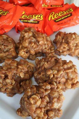 Wow!! These look so good I can't wait to try

Reeses Peanut Butter Cup Rice Krispies

Melt 4 peanut butter cups and 2 tablespoons of peanut butter in a pan with 3 tablespoons of butter add 6 cups rice krispies drop and cool on sheet or press into a buttered baking dish and when cool cut into squares.
*Donna*