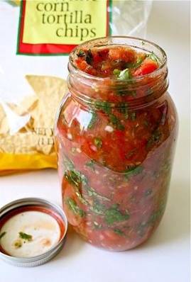 Stopped buying the jar stuff once I tasted this homemade salsa. Simple and delicious: Chop 5-6 Roma tomatoes,1 small onion and 1/2 cup fresh Cilantro. Mince 2 seeded Serrano or Jalapeño peppers and 1 clove of garlic. Add 2 tbsp. freshly squeezed lime juice and salt and pepper to taste. Mix everything together and let sit overnight for flavors to meld.