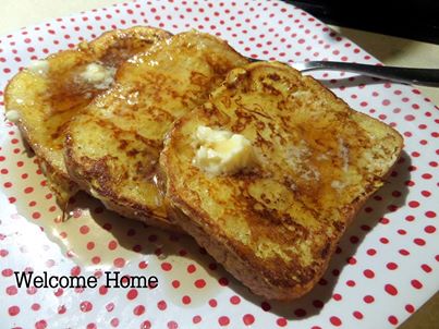 I still say one of the easiest breakfast meal is one of the most delicious! I make my French Toast just like my Mom did and it can't get much easier than this!  You might want to click on the photo for drool mode! 

Simple French Toast 

4 eggs
 2/3 cup milk
 1/2 teaspoons of vanilla
 1 teaspoon of cinnamon
 8 thick slices of bread, better if slightly stale
 1 tablesoon butter for frying
 Real maple syrup, warmed 

Whisk eggs, milk, and vanilla together until well blended. Pour into a shallow bowl. Dip each slice of bread into the egg mixture, allowing bread to soak up some of the mixture. Melt some butter in a large skillet or flat griddle on medium high heat. Add as many slices of bread onto the skillet as will fit at a time. Sprinkle with cinnamon and fry until brown on both sides, flipping the bread when necessary. Serve hot with butter and maple syrup.
 
Photo/recipe ©Welcome Home