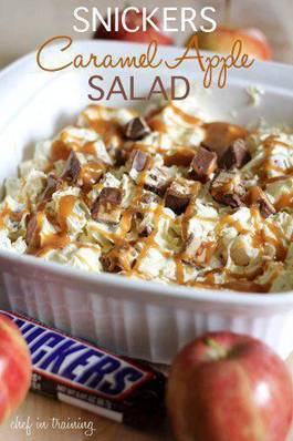 Snickers Caramel Apple Salad

 6 regular size Snickers Candy Bar
 6 apples I used Red Delicious... Granny Smith would also be great
 1 (5 oz.) package Vanilla Instant Pudding dry, do not prepare
 1/2 cup milk
 1 (12 oz.) tub cool whip
 1/2 cup caramel ice cream topping

 Whisk vanilla pudding packet, 1/2 cup milk and cool whip together until well combined.
 Chop up apples and Snickers.
 Stir chopped apples and Snickers into pudding mixture.
 Place in a large bowl and drizzle with caramel ice cream topping.
 Chill for at least 1 hour before serving.