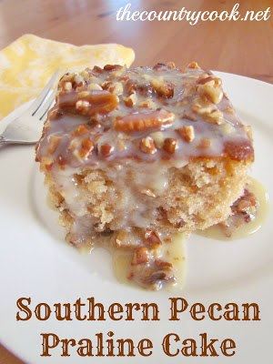 Southern Pecan Praline Cake with Butter Sauce
Ingredients:
FOR THE CAKE
1 (15 0z) box Butter Pecan Cake Mix
1 (16 0z) tub Coconut Pecan Frosting
4 eggs
3/4 cup oil
1 cup water
1/2 cup chopped pecans

FOR THE SAUCE:
1 (14 oz.) can sweetened condensed milk
2 tbsp. butter
 1/2 cup chopped pecans (optional)
 

butter not pictured
 Directions:
Preheat oven to 350F degrees.

Spray a 9x13 baking dish with nonstick cooking spray.
I know I say this all the time but it bears repeating for the new cooks out there, I love the nonstick spray that has flour in it for baking.

In a medium bowl (or your stand mixer bowl), combine all the cake ingredients except for the chopped pecans.

 Don't forget to add the tub of coconut pecan frosting. That goes into the cake batter too!
 
I just dump it all in there then let the mixer do the work.

Once it's all combined, stir in 1/2 cup chopped pecans.


Pour batter into greased baking dish.

Bake for about 40 minutes.

As with most baked goods, oven times vary but cake should spring back to the touch and be golden brown.
And if you insert a toothpick into the middle it should come out clean.

This cake is perfectly good just like this.
It is moist and yummy.
But we're gonna take it up a notch with some butter sauce.

In a small pot over medium heat, melt 2 tbsp. butter.

Pour in can of sweetened condensed milk with the melted butter and stir.

Continue to stir until heated thoroughly, then add 1/2 cup chopped pecans.

Stir again then take off heat.

Then spoon this deliciously yummy sauce over individual slices of cake.

I pour the sauce over the individual slices instead of just pouring it over the whole cake because I love to be able to scoop up some of the sauce off my plate as I eat it and I don't want the sauce to just become part of the cake. 
But if you are feeding a crowd, it may be easier to pour the sauce over the entire cake before serving.  This sauce takes this cake from yum to yowsers!

Cook's Note: You can also make this in a bundt pan. Bake for about 50 minutes.