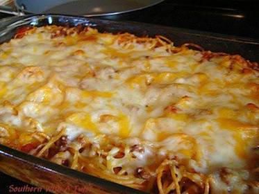 Remember to save this click "SHARE" and it will store in your photos section for later use! 

Spaghetti Pie 

Filling:
3 eggs, beaten
1 cup sour cream
1/2 cup Parmesan Cheese
1 cup Mozzarella Cheese
1 lb Spaghetti Noodles, cooked and cooled 

Mix eggs, sour cream and cheeses well. Toss in noodles. Place in a greased 13X9 casserole dish.

Sauce:
1 1/2 lbs Ground Chuck, seasoned with salt, pepper and garlic powder, browned and drained
1 - 24oz can Spaghetti Sauce, your choice
1 - 12oz can diced tomatoes, drained
1/2 tsp basil
1/4 tsp oregano
salt, pepper and garlic powder, to taste

Combine the above ingredients and simmer 15 or 20 minutes. Cool and top the noodle mixture with the sauce.

Top with an additional 1 1/2 cups Mozzarella Cheese
and 1/2 cup Cheddar Cheese.

Bake at 350 degrees for about 30 minutes
or until golden brown and bubbly.

Slice and serve... maybe with some toasty garlic bread!