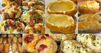 Stuffed Baked Potatoes
 
Ingredients 

    4 large baking potatoes
    8 slices bacon
    1 cup sour cream
    ½ cup milk
    4 tablespoons butter
    ½ teaspoon salt
    ½ teaspoon pepper
    1 cup shredded Cheddar cheese, split in half
    green onions, sliced, split in half

Directions 

    Wash your potatoes and then poke at the skin with a fork to allow steam to escape.
    Bake potatoes in the oven for an hour at 350F or 175C.
    While the potatoes are cooking, cook up the 8 strips of bacon in a pan.
    When they’re cooked, drain them and let them cool on a paper towel. Now break them up into small pieces with your hands and set aside.
    When the potatoes are fully cooked, take them out and slice them in half lengthwise.
    Now scoop out the potato flesh into a bowl. If the potatoes have been fully cooked, this should be easy. Don’t worry too much about getting all the flesh out. If you do that you could easily rip the skin apart and we want it intact.
    Mix the potato flesh with the sour cream, milk, butter, salt, pepper, half of the cheese, and half of the green onions.
    In other words, set aside one half of the cheese and one half of the green onions and toss everything else in with the potato flesh and mix it up.
    When it’s all smooth and thoroughly mixed, spoon the mixture back into the potato skins.
    Sprinkle the remaining bacon, cheese, and green onions on top of the potatoes
    Put the potatoes back into the oven at 350F/175C for another 15 minutes.