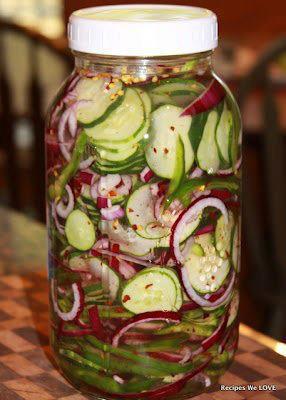 This is a great yummy summer salad and can stay in your fridge up to 2 months.


4 thinly sliced cucumbers
1-large sliced red onions
1-large sliced green bell peppers
1-tbsp salt
2-cup white vinegar
1 1/2-cups sugar
1-tsp celery flakes
1-tsp red pepper flakes


Mix cucumbers, onions, peppers and salt; set a side.

Put vinegar, sugar, celery flakes and pepper flakes in a pot and bring to a boil. Remove from heat and add 2 handfuls of ice until melted.


Place all veggies in large mouth canning jars (2 quarts or 1 half gallon jar)

Pour mixture over cucumbers, store in refrigerator.
Will keep up to 2 months

Makes 2 quart jars