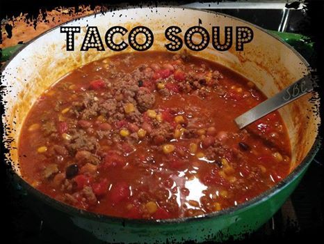 Another one from my amazing cousin Kim!!!! Her sweet mother-in-law made it. Great for cold winter evenings!

<3 TACO SOUP <3

Ingredients:
2 lbs lean ground beef
1 medium yellow onion, chopped
2 15 oz cans stewed tomatoes - regular
1 10 oz can rotel tomatoes
1 14 oz can pinto beans
1 14 oz can ranch style beans
1 14 oz can corn kernels
2 cups chicken or vegetable broth
1 cup water
Brown ground beef in large soup pot with salt, pepper, chopped onion and garlic powder. 
Drain. 
Put all the other ingredients in the pot with cooked beef and cook for 1 hour. 
You can top with grated cheese and crumbled tortilla chips if you like.

(¯`v´¯) 
`*.¸.*´
¸.•´¸.•*¨) ¸.•*¨)
(¸.•´ (¸.•´ .•´ ¸¸.•¨¯`•.•:*¨¨*:•..•:*¨¨*:•..•:*¨¨*:•..•...
┊　　┊　　☆ 
┊　　★
☆
FRIEND OR FOLLOW ME! I am always posting awesome stuff! You can find me at https://www.facebook.com/just1courtney

★☆★ Join our FREE Weight Loss Support Group on Facebook. Recipes, Diet Tips, Support and Encouragement. We have over 92,000 members and growing!! Join here>>> https://www.facebook.com/groups/gettingskinnywithcourtney/