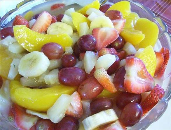 The Best Fruit Salad in my opinion!

1 (29 ounce) can peach slices 
1 (20 ounce) can pineapple chunks
1 (3 1/8 ounce) box dry vanilla instant pudding mix 
1 lb of strawberries, (quartered) 
1 banana, (sliced)
1/2 pint blueberries 
1 bunch grapes (I use the red ones) 
1 -2 tablespoon sugar (optional)

 Directions:
In a large bowl, combine peaches, pineapples, and vanilla pudding mix. This includes the juices from the cans. Mix well until pudding is dissolved. Stir in strawberries, banana, blueberries, grapes, and sugar if desired. Chill.

I ate almost half the bowl the first time i made this. YUMM!

-4
