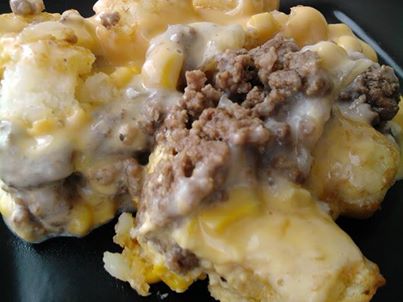 White Trash Casserole

Ingredients:
1 lb. ground beef
1 onion, chopped
1 can condensed cream of mushroom soup
1 can corn, drained
Small brick of Velveeta, cut into cubes
Tater Tots

Directions:
1. Preheat oven to 350 degrees. Brown beef and onion together then drain.

2. Spread beef mixture in bottom of a casserole dish. Layer soup, corn, Velveeta, and tater tots.

3. Bake for 45 minutes to an hour, until tater tots are golden brown.


http://www.mrsbettierocker.com/2010/09/white-trash-casserole.html