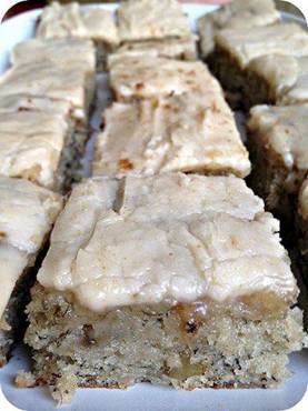banana bread brownies. these are unbelievable
 Ingredients:
 Banana Bread Bars:
 1-1/2 c. sugar
 1 c. sour cream
 1/2 c. butter, softened
 2 eggs
 1-3/4 (3 or 4) ripe bananas, mashed
 2 tsp. vanilla extract
 2 c. all purpose flour
 1 tsp. baking soda
 3/4 tsp. salt
 1/2 c. chopped walnuts (optional)

 Brown Butter Frosting:
 1/2 c. butter
 4 c. powdered sugar
 1-1/2 tsp. vanilla extract
 3 tbsp. milk

 Directions:
 1. Heat oven to 375F. Grease and flour 15x10-inch jelly roll pan. For the bars, in a large bowl, beat together sugar, sour cream, butter, and eggs until creamy. Blend in bananas and vanilla extract. Add flour, baking soda, salt, and blend for 1 minute. Stir in walnuts.

 2. Spread batter evenly into pan. Bake 20 to 25 minutes or until golden brown.

 3. Meanwhile, for frosting, heat butter in a large saucepan over medium heat until boiling. Let the butter turn a delicate brown and remove from heat immediately.
 4. Add powdered sugar, vanilla extract and milk. Whisk together until smooth (it should be thicker than a glaze but thinner than frosting). Using a spatula, spread the brown butter frosting over the warm bars (the frosting will be easier to spread while the bars are still warm). 

*Donna*